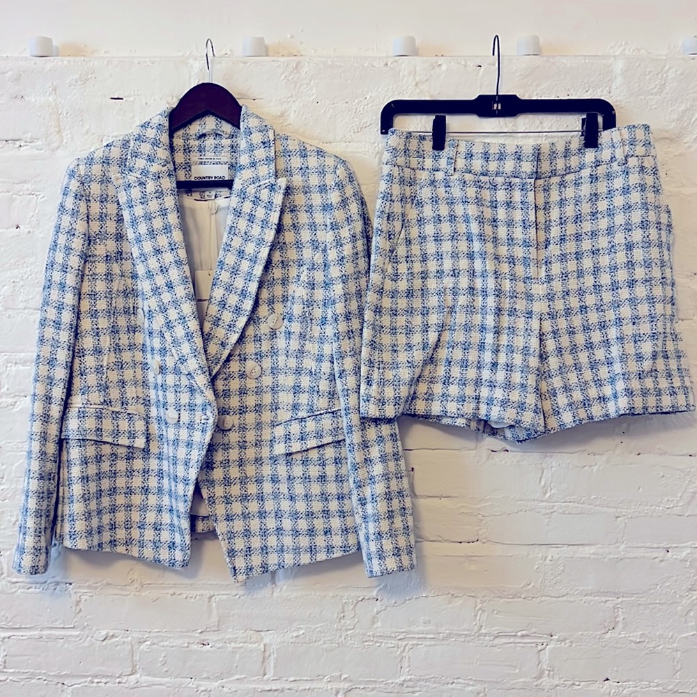COUNTRY ROAD- Check Blazer And Short Set - Sky Blue